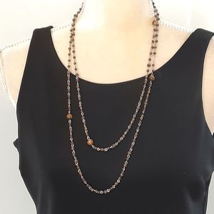 Vintage tiny beads necklace silver toned brown lightweight